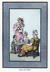 Zittende vrouw die kwartelmelk en melk verkoopt aan een moeder en kinderen (1819). Houtsnede, gebaseerd op een schilderij door Thomas Rowlandson (1756-1827), gepubliceerd in The Cris of London: met zes charmante kinderen en bijna 40 illustraties, door Andr