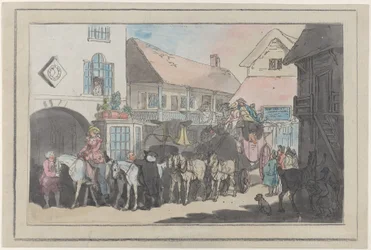Postkoets en ruiters op de binnenplaats van een herberg, klaar om te vertrekken
