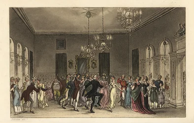 De balzaal: modieuze toeristen dansen in de Scarborough Assembly Rooms. Elke heer die danst betaalt 2s, en elke dame die thee drinkt betaalt 1s. Handgekleurde kopergravure door Thomas Rowlandson naar een schets van J. Green uit Poetical Sketches of Scarbor