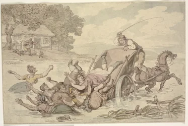 De voerman en de zigeuners: Een kar omgevallen in een stroom, waarbij een groep vrouwen in het water valt