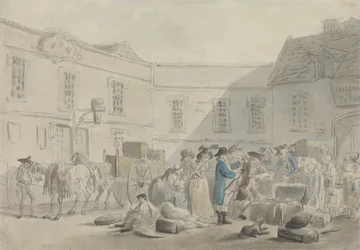 Het douanehuis in Boulogne - verso: grafietschets van paarden, rijtuigen en gebouwen