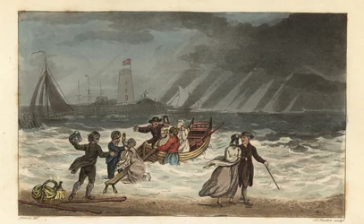 Het Waterfeest: toeristen verlaten een zeereis vanwege slecht weer. Handgekleurde kopergravure door Thomas Rowlandson, aquatint door J.C. Stadler, naar een schets van J. Green uit Poetical Sketches of Scarborough, Ackermann, Londen