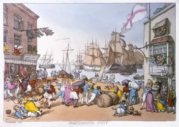 Het district Portsmouth, cartoon die de activiteiten van deze Engelse haven beschrijft