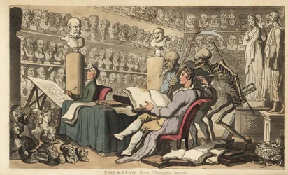De figuren van Tijd en Dood staan achter een kunstenaar met een ganzenveer