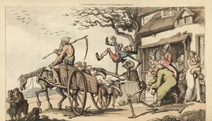 De skelet van de Dood en oude man Tijd komen om de oude echtgenoot van Goody Barton te halen, maar de kar is al te vol met lijken. Handgekleurde kopergravure door Thomas Rowlandson uit The English Dance of Death, Ackermann, Londen