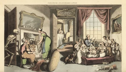 De skelet van de Dood verschijnt in de woonkamer van een groot gezin om een kind of pasgeboren baby te halen. Handgekleurde kopergravure door Thomas Rowlandson uit The English Dance of Death, Ackermann, Londen