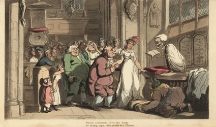 Het skelet van de Dood als priester die het huwelijk viert tussen een jonge vrouw en een lelijke oude man