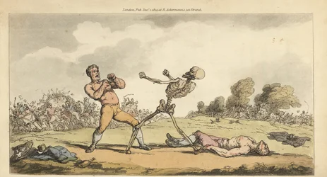 Het skelet van de Dood bokst met een bareknuckle prijsvechter terwijl een andere bokser op de grond ligt en het publiek in paniek vlucht. Handgekleurde kopergravure getekend en gegraveerd door Thomas Rowlandson uit The English Dance of Death, Ackermann, Lo