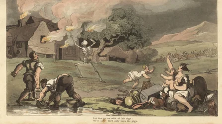 Het skelet van de Dood brandt een huis af met fakkels terwijl een gezin probeert zijn schatten te redden en het vuur te blussen met emmers water uit de vijver. Handgekleurde kopergravure, getekend en gegraveerd door Thomas Rowlandson, uit The English