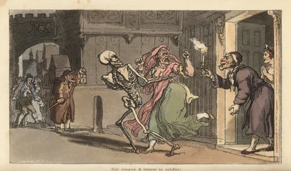 De skelet van de Dood voert een Virago weg uit een huis terwijl een nachtwaker met lantaarn toekijkt. Handgekleurde koperplaat getekend en gegraveerd door Thomas Rowlandson uit The English Dance of Death, Ackermann, Londen