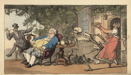 Het skelet van de Dood komt voor Tom Higgins, een metselaar die is overleden terwijl hij wachtte op een gerecht buiten een herberg. Handgekleurde kopergravure getekend en gegraveerd door Thomas Rowlandson uit The English Dance of Death, Ackermann, Londen