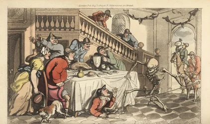 Het skelet van de Dood komt voor een Jager terwijl hij zich onder een tafel verstopt na een vossenjacht. Handgekleurde kopergravure getekend en gegraveerd door Thomas Rowlandson uit The English Dance of Death, Ackermann, Londen
