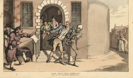 De skelet van de Dood bevrijdt een gevangene uit de schuldengevangenis voor zijn ontredderde familie. Handgekleurde kopergravure door Thomas Rowlandson uit The English Dance of Death, Ackermann, Londen