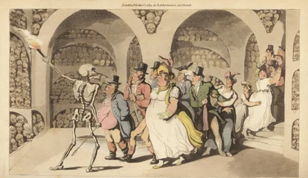 Het skelet van de Dood leidt een groep toeristen door de Catacomben in Parijs. Handgekleurde kopergravure getekend en gegraveerd door Thomas Rowlandson uit The English Dance of Death, Ackermann, Londen