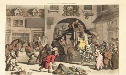 De skelet van de Dood helpt een grote matrone op het fatale laatste podium. Handgekleurde kopergravure getekend en gegraveerd door Thomas Rowlandson uit The English Dance of Death, Ackermann, Londen