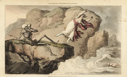 Het skelet van de Dood houdt een zakdoek tegen zijn oogkas terwijl een vrouw zelfmoord pleegt door van een klif te springen om zich bij haar verdronken geliefde te voegen. Handgekleurde kopergravure, getekend en gegraveerd door Thomas Rowlandson, uit The