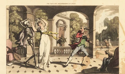 De skelet van de Dood in een cape danst een laatste wals met fragiele Caelia, terwijl haar dansleraar geschokt toekijkt. Handgekleurde kopergravure getekend en gegraveerd door Thomas Rowlandson uit The English Dance of Death, Ackermann, Londen