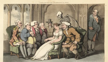 De skelet van de Dood voegt zich bij een groep vrijers voor de mooie erfgename Belinda en verslaat de advocaat, dokter, dominee, Quaker, kolonel en baronet voor de prijs. Handgekleurde kopergravure getekend en gegraveerd door Thomas Rowlandson uit The Engl
