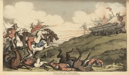 Het skelet van de Dood vuurt een kanonsalvo af op een Engelse cavalerieaanval. Handgekleurde kopergravure getekend en gegraveerd door Thomas Rowlandson uit The English Dance of Death, Ackermann, Londen