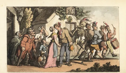 Het skelet van de Dood leidt een jonge rekruut om zich bij het leger aan te sluiten, terwijl hij zijn meisje en familie achterlaat. Handgekleurde kopergravure getekend en gegraveerd door Thomas Rowlandson uit The English Dance of Death, Ackermann, Londen