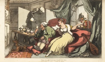 Het skelet van de Dood schenkt een dodelijk glas wijn in voor de oude dwaas Sir Peter op zijn huwelijksreis, terwijl zijn jonge vrouw Julia flirt met majoor Henry bij het raam. Handgekleurde kopergravure getekend en gegraveerd door Thomas Rowlandson uit Th