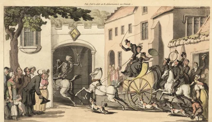 De skelet van de Dood rijdt voor een hoge tandem die de volgende erfgenaam naar zijn ondergang draagt onder een lage boog. Handgekleurde koperplaat getekend en gegraveerd door Thomas Rowlandson uit The English Dance of Death, Ackermann, Londen