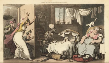 Het skelet van de Dood wiegt de wieg van een baby terwijl de oppas slaapt en de ontredderde moeder thuiskomt. Handgekleurde kopergravure getekend en gegraveerd door Thomas Rowlandson uit The English Dance of Death, Ackermann, Londen