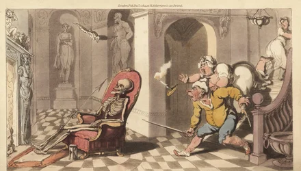 Het skelet van de Dood zit in de portiersstoel van een groot huis, terwijl de angstige bedienden de trap af komen om te onderzoeken. Handgekleurde kopergravure getekend en gegraveerd door Thomas Rowlandson uit The English Dance of Death, Ackermann, Londen