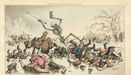 Het skelet van de Dood met pijl en zandloper schaatsend op een bevroren vijver terwijl andere schaatsers door het gebroken ijs vallen. Handgekleurde kopergravure getekend en gegraveerd door Thomas Rowlandson uit The English Dance of Death, Ackermann, Londe