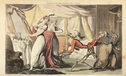 Het skelet van de Dood met zijn zandloper komt voor een mooie coquette in haar slaapkamer terwijl ze wordt aangekleed voor een bal door haar bedienden. Dood is gekleed in rokjas en pruik als een vrijer. Handgekleurde kopergravure getekend en gegraveerd doo
