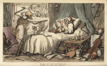 De skelet van de Dood met de antiquair in een slaapkamer gevuld met muziekinstrumenten, boeken, manuscripten, harnassen, een globe, een buste, ratten, enz.