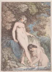 Twee nimfen badend, een wast de voet van de ander, 20 mei 1799