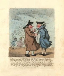 Twee Regency-mannen stoppen om te praten in een ijzige wind