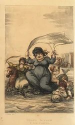 Weduwe Ducker en haar nimfen. Vrouwen en kinderen baden in de zee met dolfijnen en badmachines. Handgekleurde kopergravure door Thomas Rowlandson naar een schets van J. Green uit Poetical Sketches of Scarborough, Ackermann, Londen