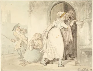Jonge vrouw bij de kerkdeur of bij de biechtstoel