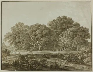 Landschap met figuur die een brug over een stroom oversteekt
