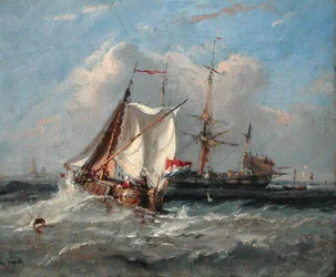 Een Nederlands smalschip in een sterke bries