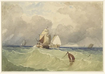 Driemasters en tjalk zeilend in volle zee