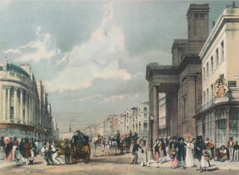 Uitzicht op Regent Street richting het kwadrant met Hanover Chapel op de voorgrond, 1842