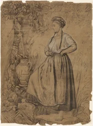 Staand meisje, een kan vullend met water uit een bron