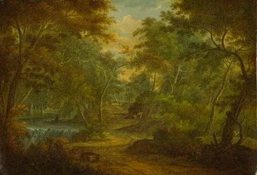 Een bebost landschap met een stroom en een visser
