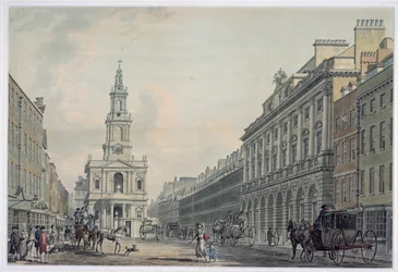 De Strand met Somerset House en St. Mary le Strand, 1781 (aquatint)
