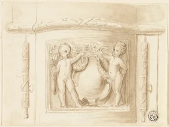 Basis van Pilaster met Reliëf, met 2 Putti, Schild