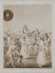 Portret van Maharana Bhim Singh van Udaipur te paard