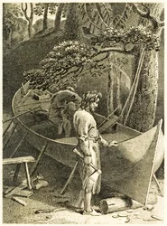 Robinson Crusoe en Vrijdag maken een boot uit 