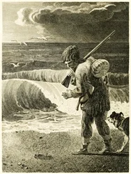 Robinson Crusoe ontdekt de afdruk van een voet uit 