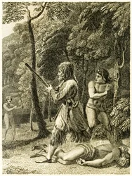 Robinson Crusoe ziet en redt zijn man Vrijdag voor het eerst uit 