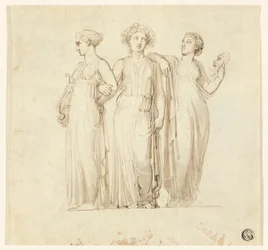 Drie Muzen (recto); Studie van Ridder en Monnik voor een Illustratie in een Gotische Roman (verso)