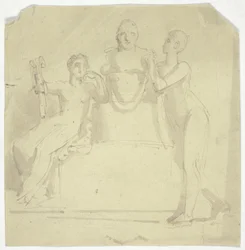 Twee vrouwelijke figuren met een buste