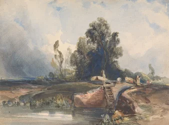 Landschap met kanaal en sluis; figuren bij de sluis